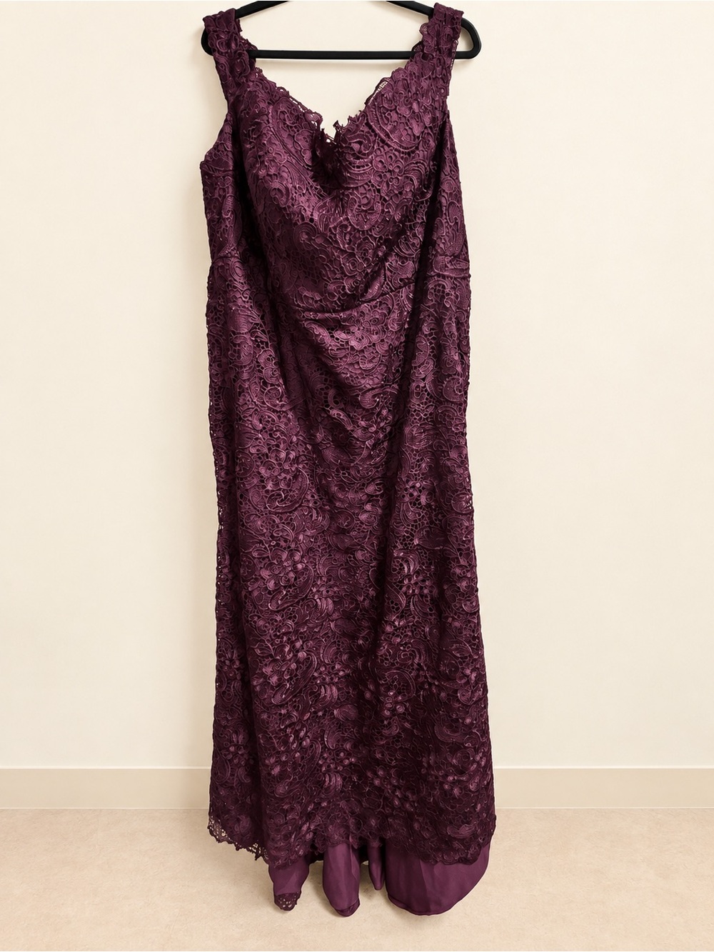 JJ’s House Plum Sleeveless Lace Ruched Formal Gown